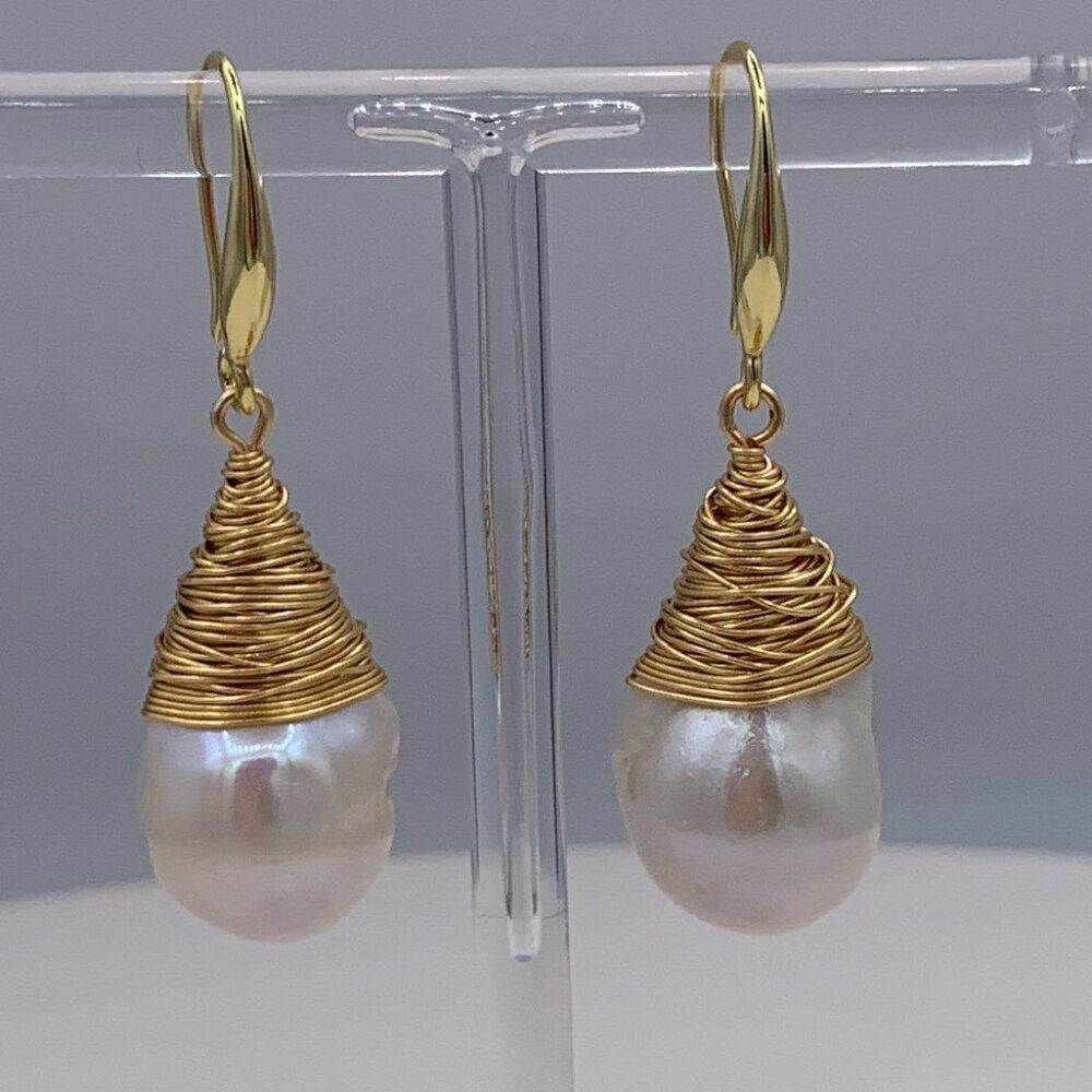 Earrings, new, real baroque pearl, impressive size, gold plated sterling silver